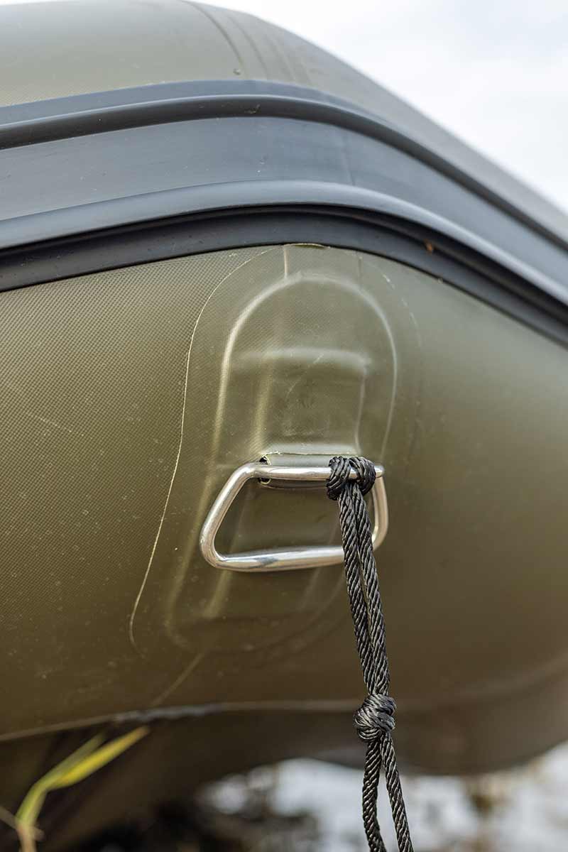 Detail of Barca Fox 320x Airdeck inflatable boat showing secure eyelet and rope attachment.