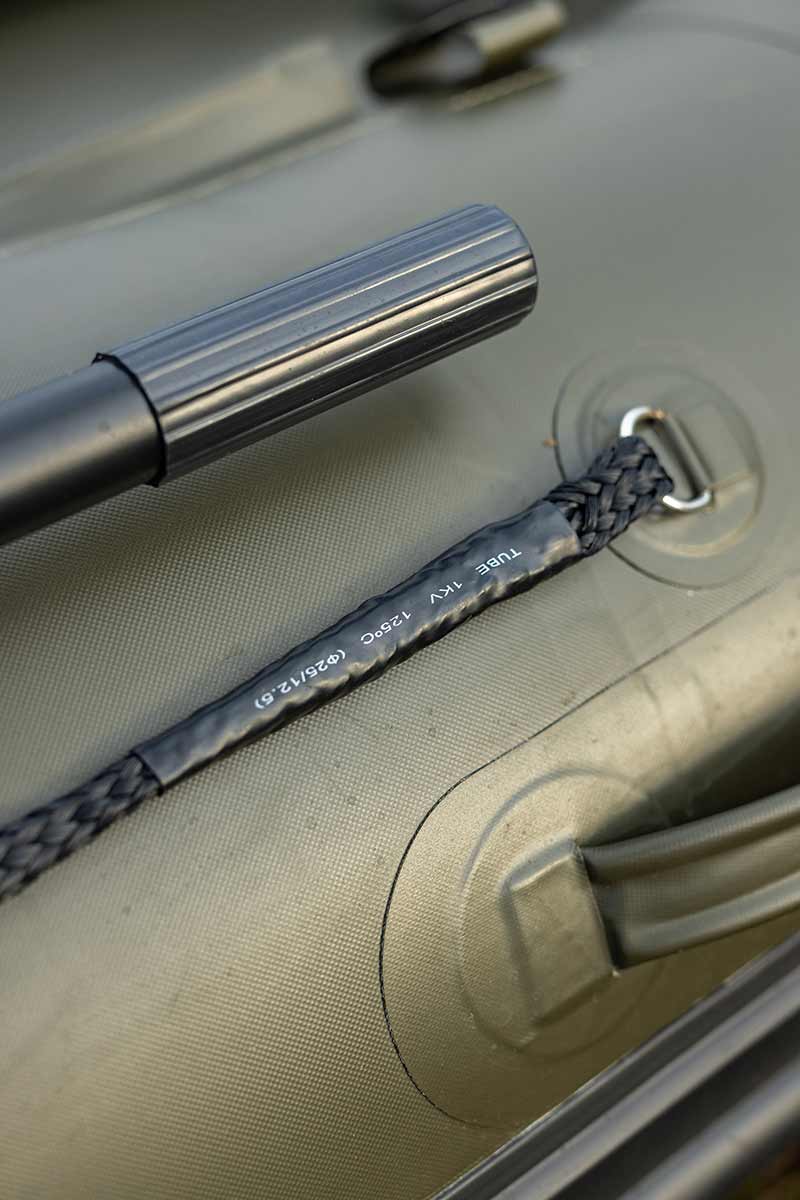 Close-up of Barca Fox 320x Airdeck with braided rope and inflatables features, showcasing durability and design.