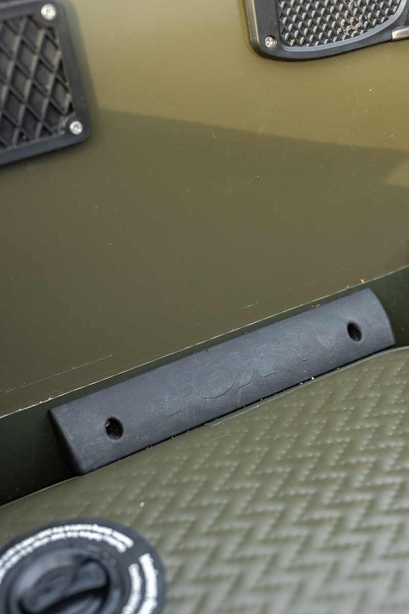 Detail of the Barca Fox 320x inflatable boat showing robust materials and design features for stability in water.