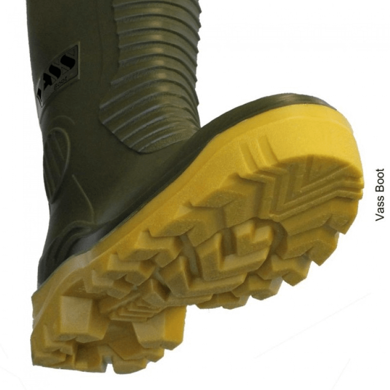Suela de las botas altas Vass 700-60E Nova Series en color verde y amarilla, ideal para carpfishing.