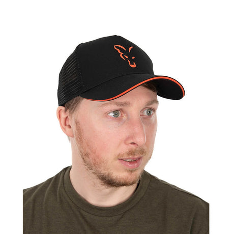 Gorra Fox Trucker Negra - Naranja de red - Tienda Carpfishing